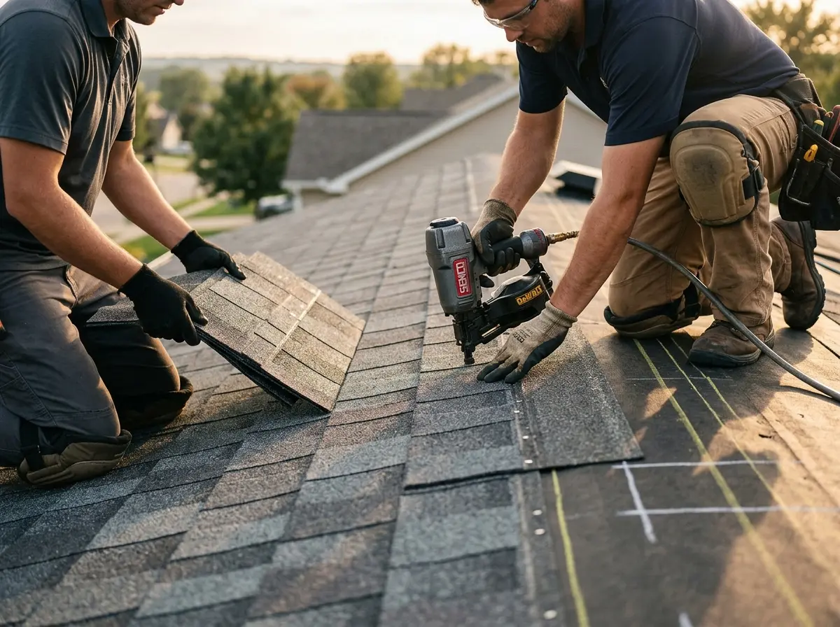 Professional roofer working on a residential roof in Palestine
